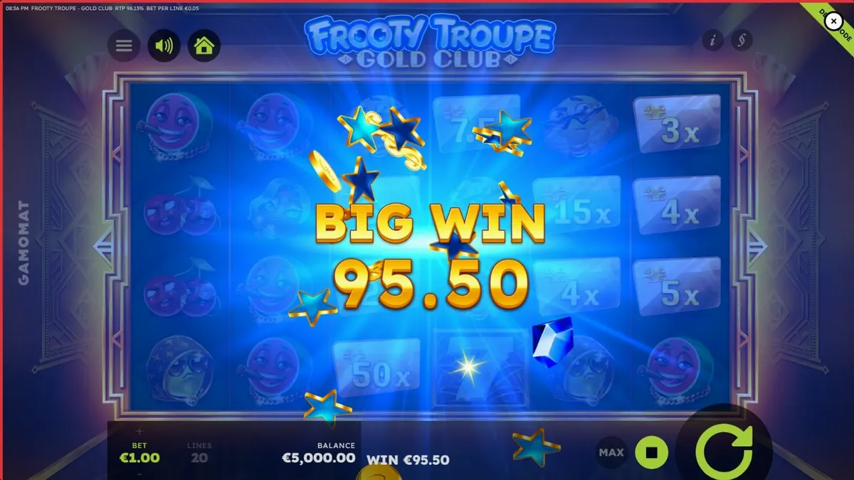 Frooty Troupe – Gold Club slot machine interface with golden luxury theme