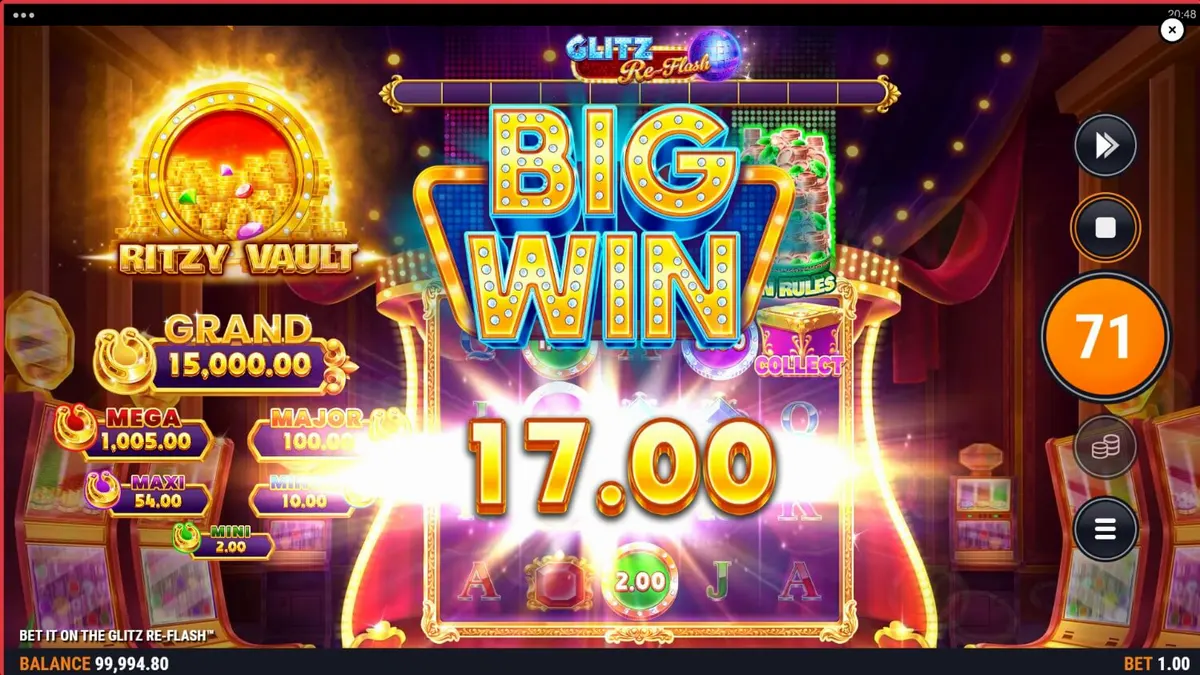 Tampilan visual slot Bet It on the Glitz Re-Flash dengan tema neon Vegas yang mewah